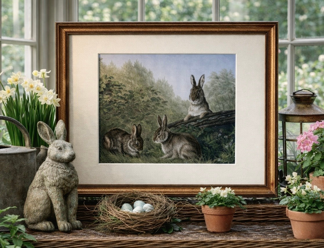 Framed artwork of rabbits in a natural setting with decorative elements like a nest and flowers.