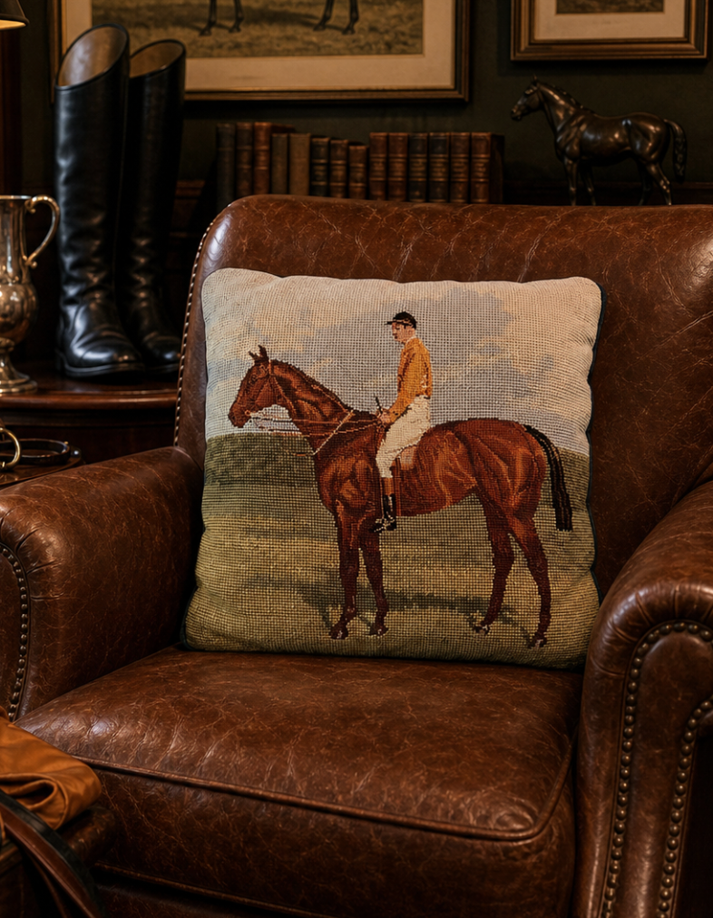 Vintage Racehorse Needlepoint Pillow