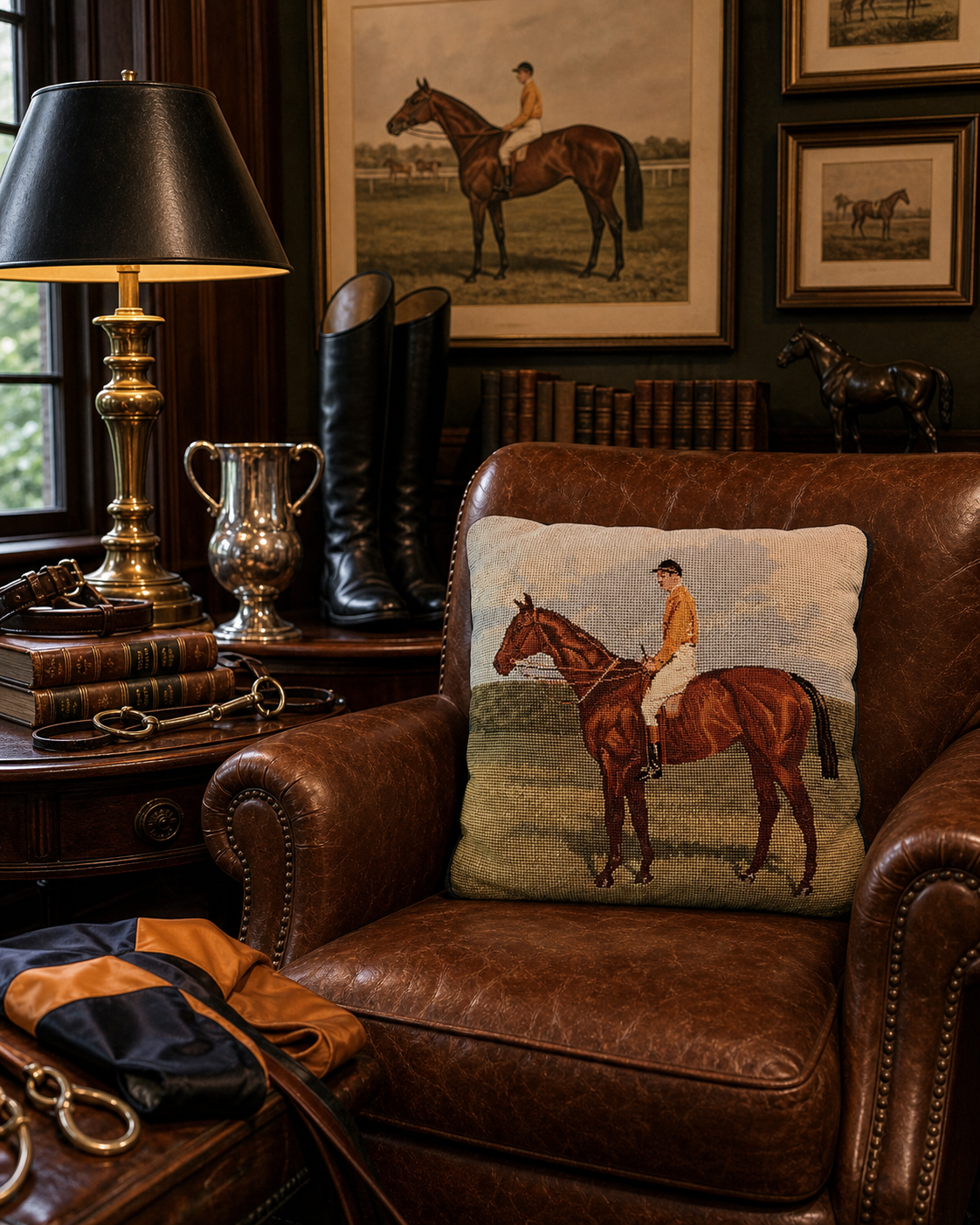 Vintage Racehorse Needlepoint Pillow