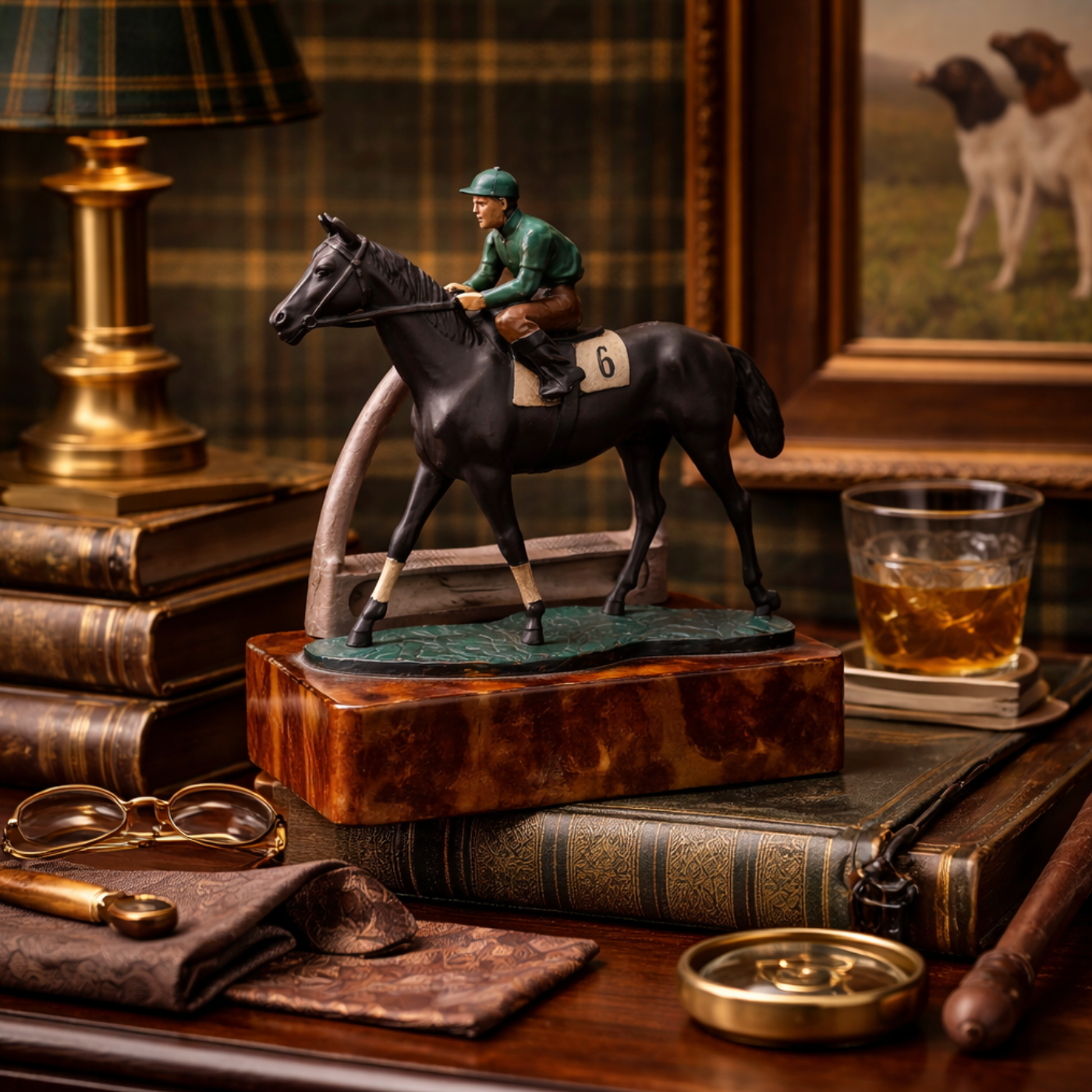 Statue of a jockey on a horse with books and a lamp in the background