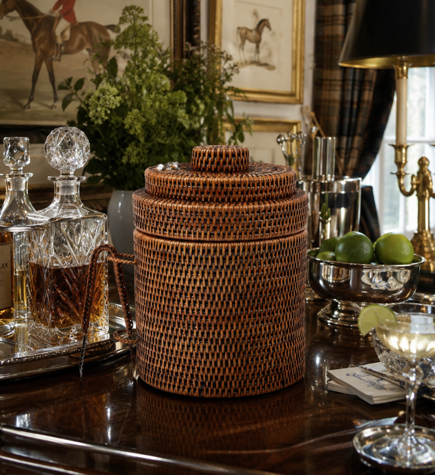 Vintage Ralph Lauren Rattan Ice Bucket and Tongs