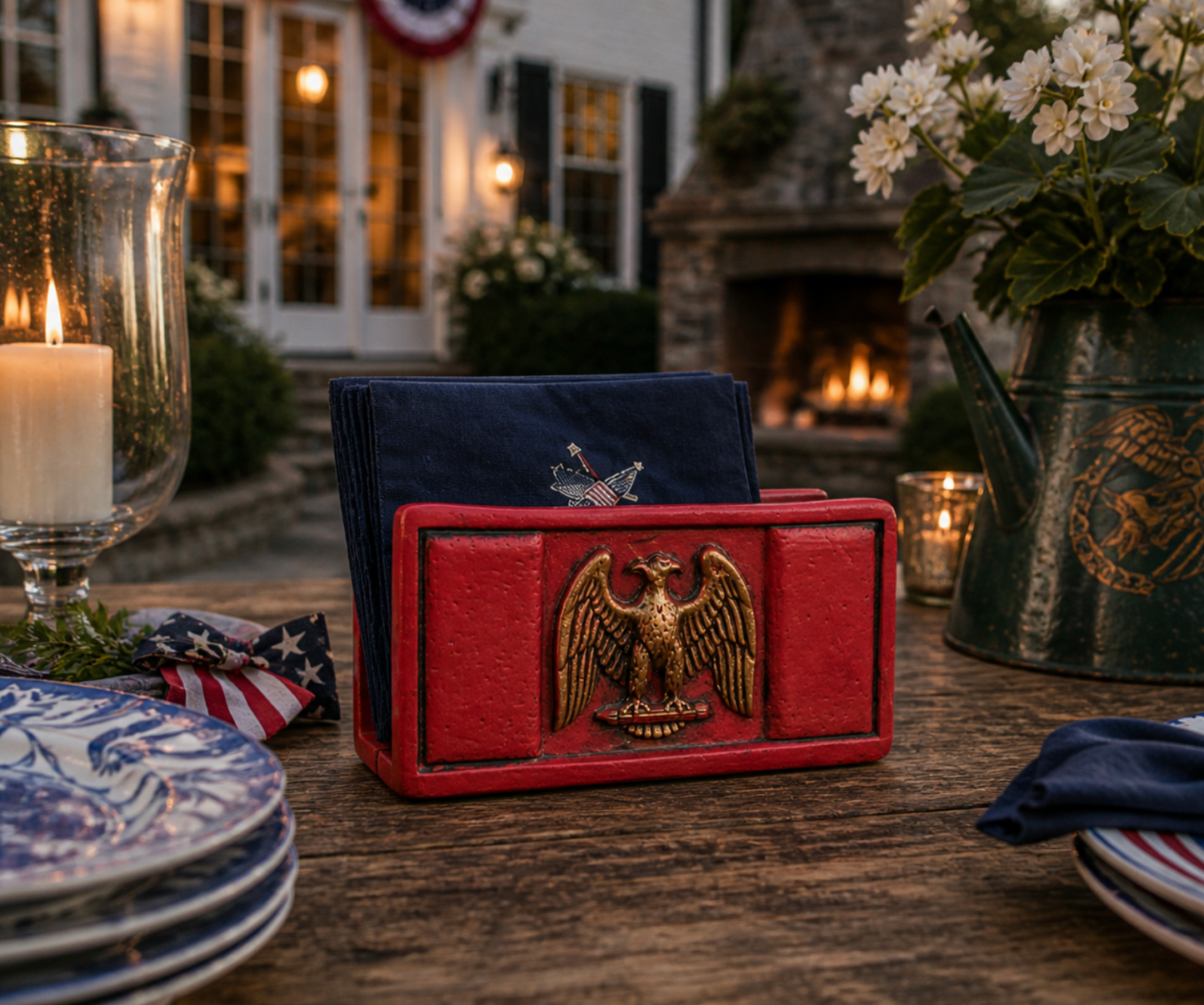 Decorative red box with eagle emblem on a table with candles and plates in an outdoor setting.