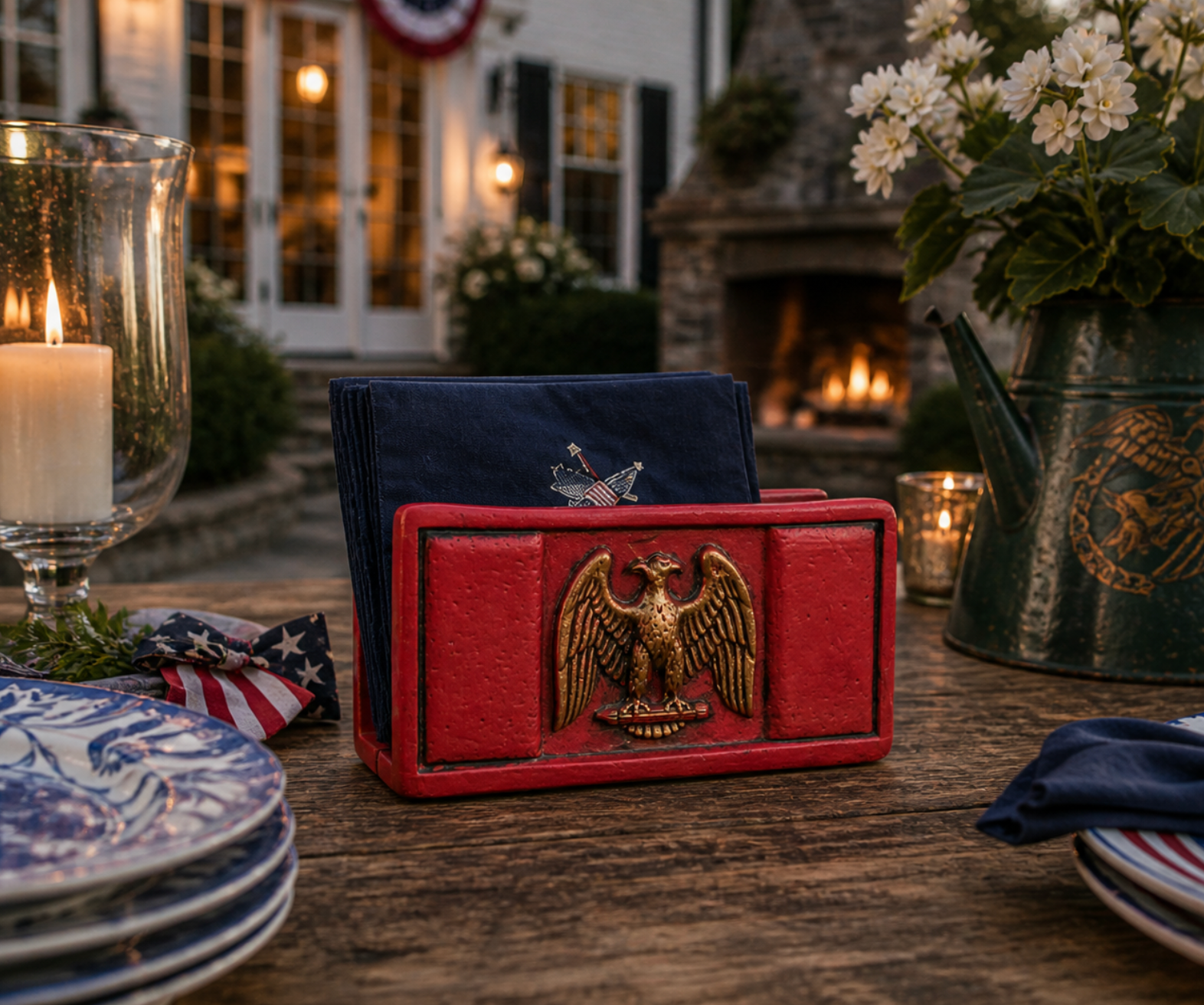 Decorative red box with eagle emblem on a table with candles and plates in an outdoor setting.