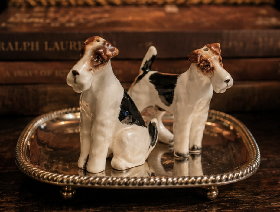 Antique Porcelain Fox Terrier Salt & Pepper Shaker Figurines