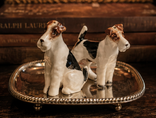 Antique Porcelain Fox Terrier Salt & Pepper Shaker Figurines