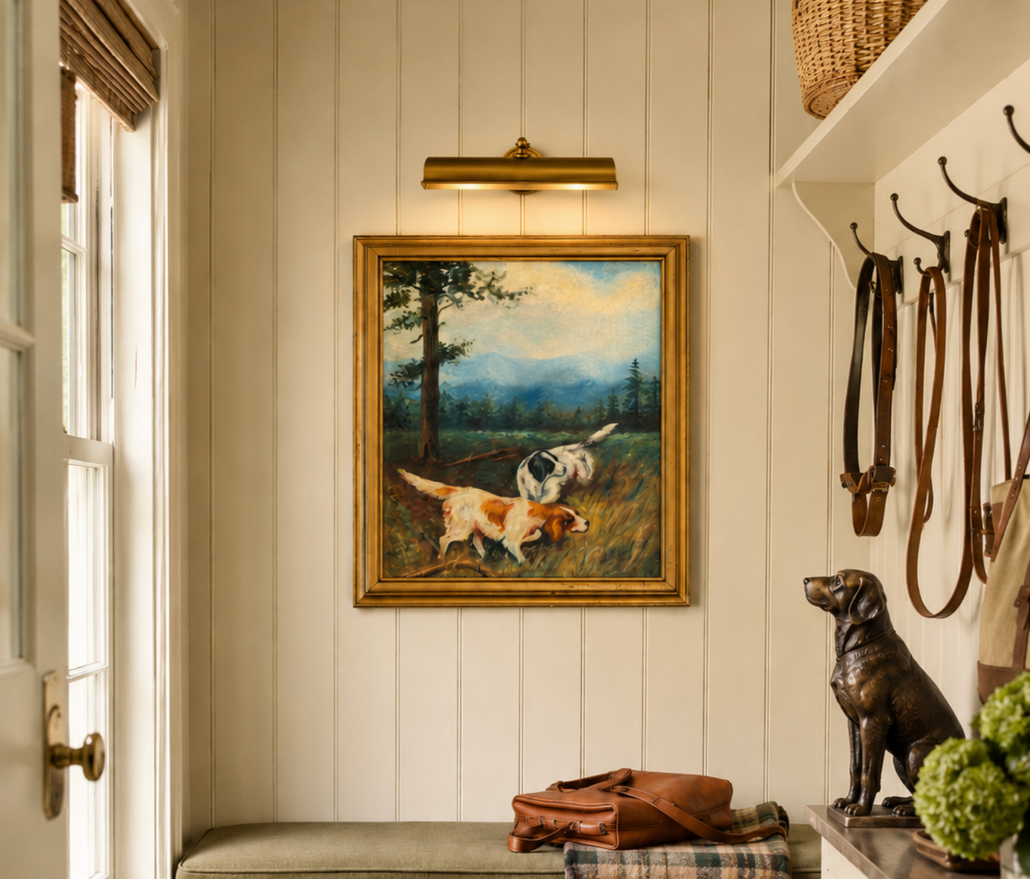 c.1934 Original Oil Painting of Hunting Dogs in Landscape - Signed