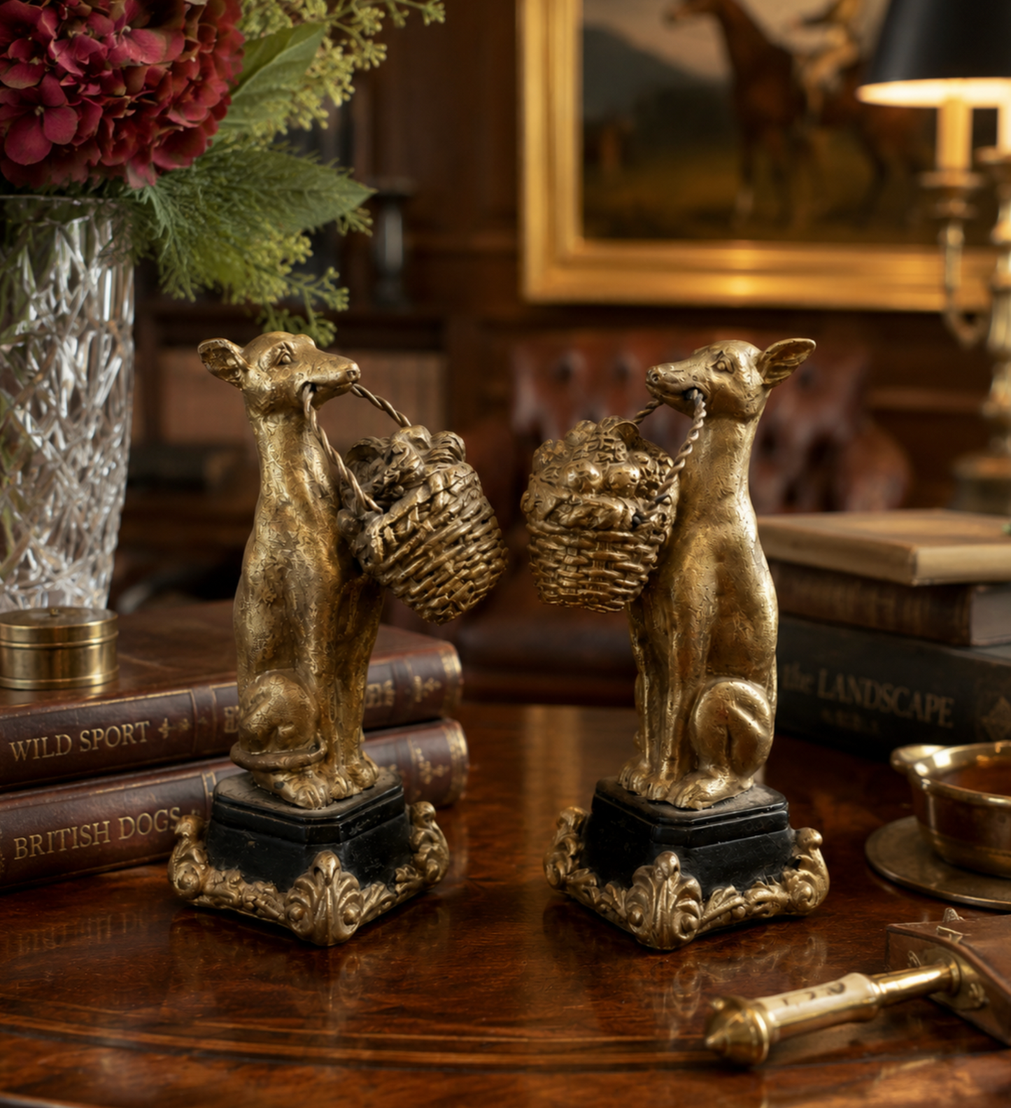 Pair of Antique Gilt Hounds with Basket Figural Objets d'Art