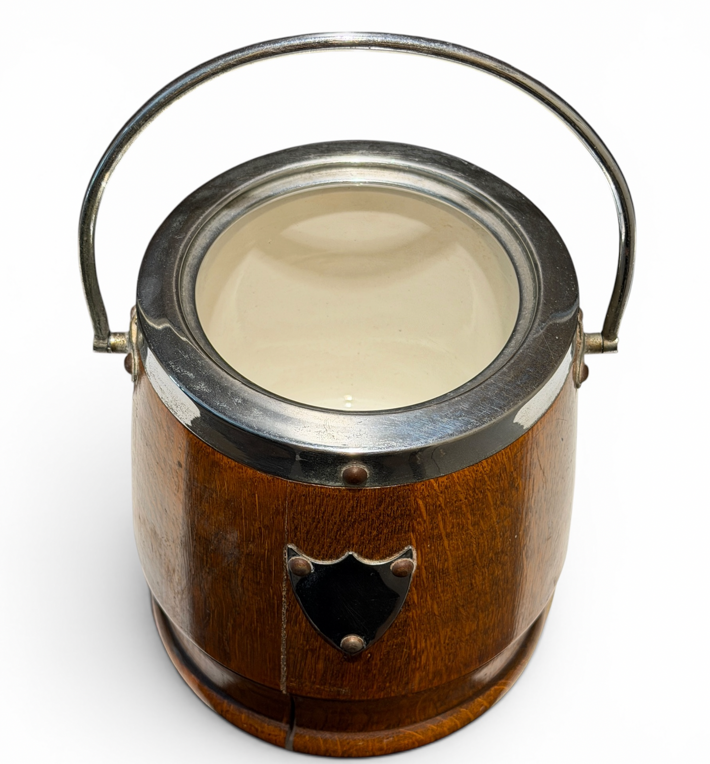 Antique English Oak & Silver Ironstone Lined Biscuit Barrel