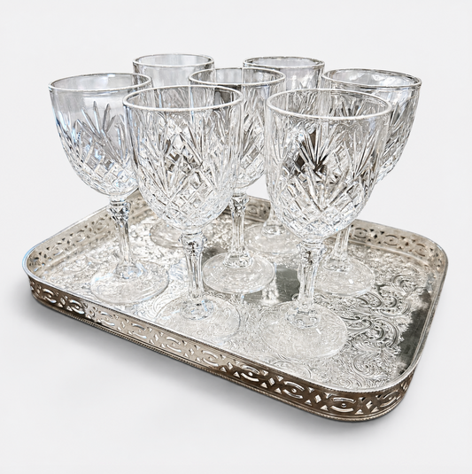 Antique Set of 7 Saint-Louis Florence Pineapple Cut Crystal Cordial Glasses and Barker Ellis England Gallery Tray