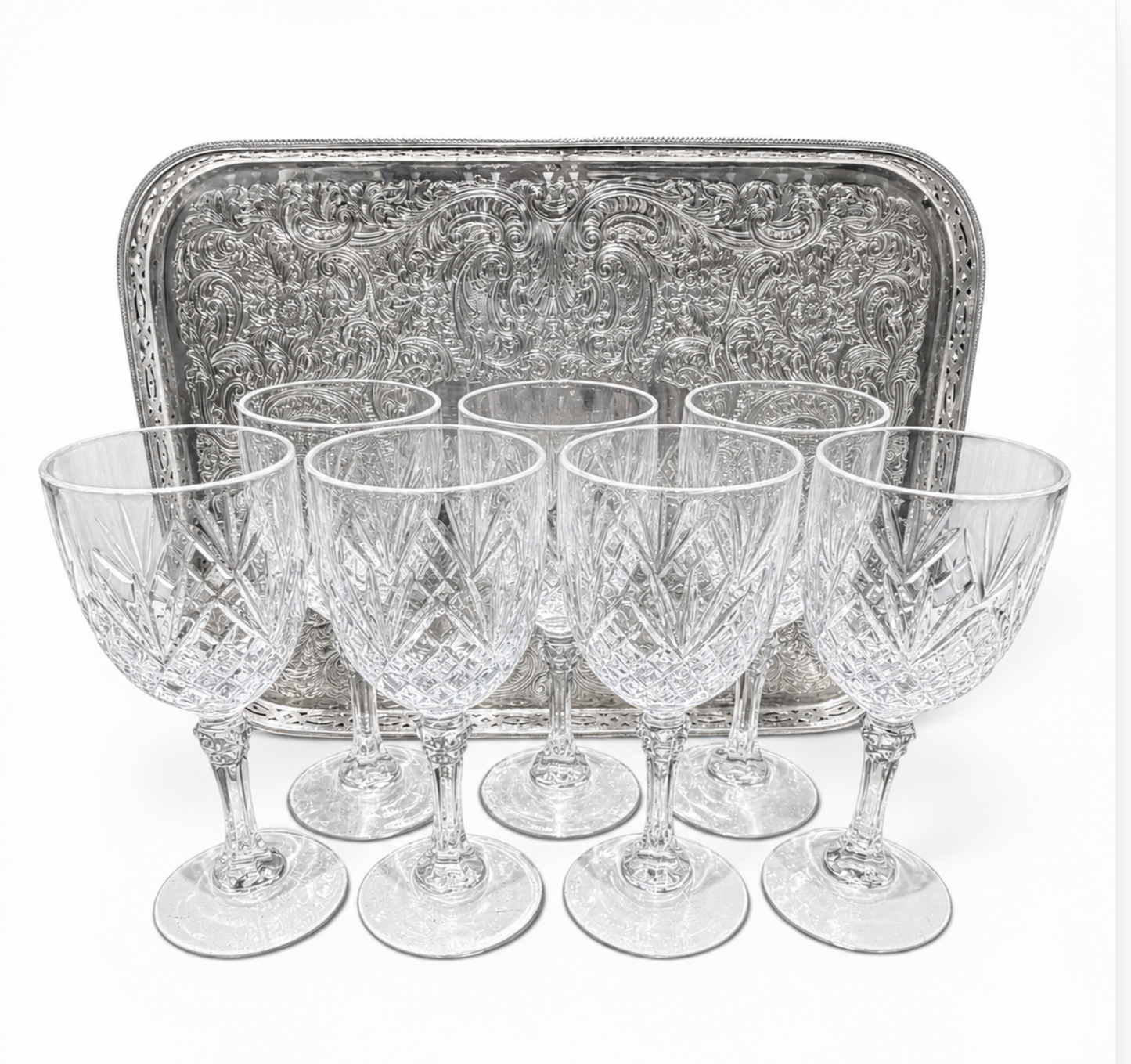 Antique Set of 7 Saint-Louis Florence Pineapple Cut Crystal Cordial Glasses and Barker Ellis England Gallery Tray