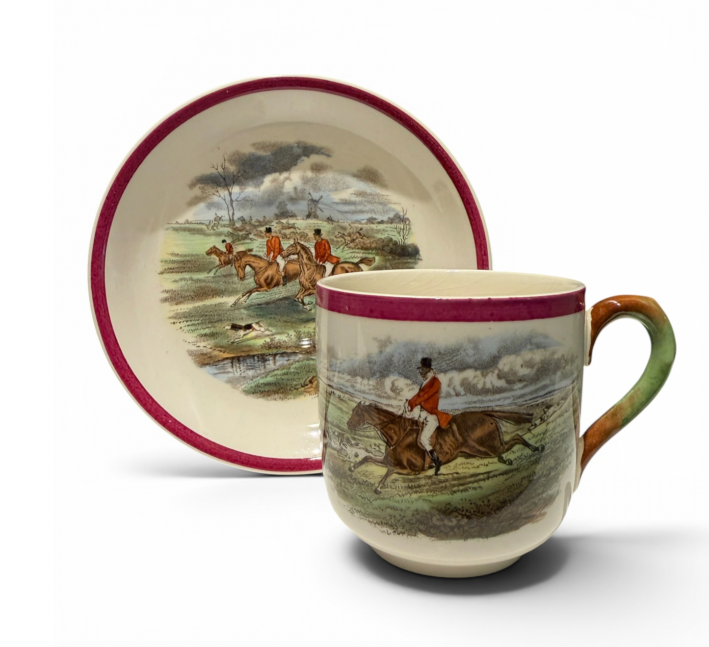 Antique Copeland Spode Herring's Hunt Fox Hunt Cups & Saucers - Set of 4