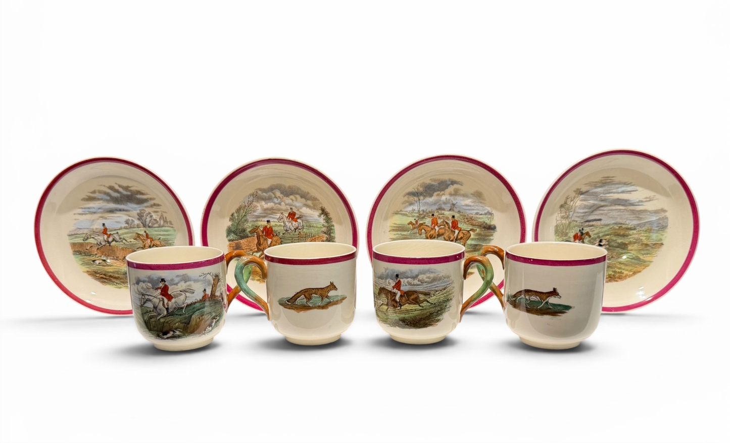 Antique Copeland Spode Herring's Hunt Fox Hunt Cups & Saucers - Set of 4