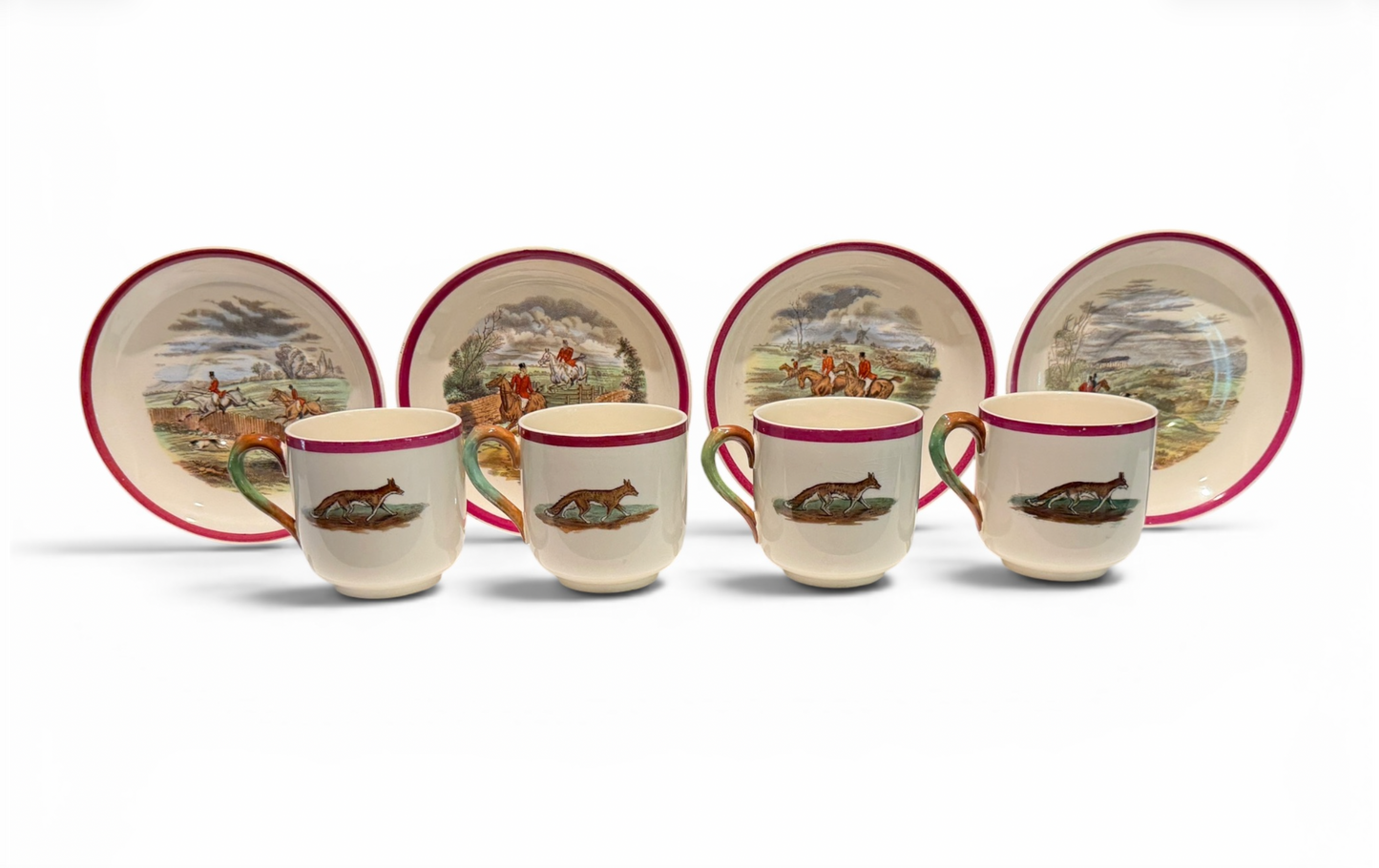 Antique Copeland Spode Herring's Hunt Fox Hunt Cups & Saucers - Set of 4