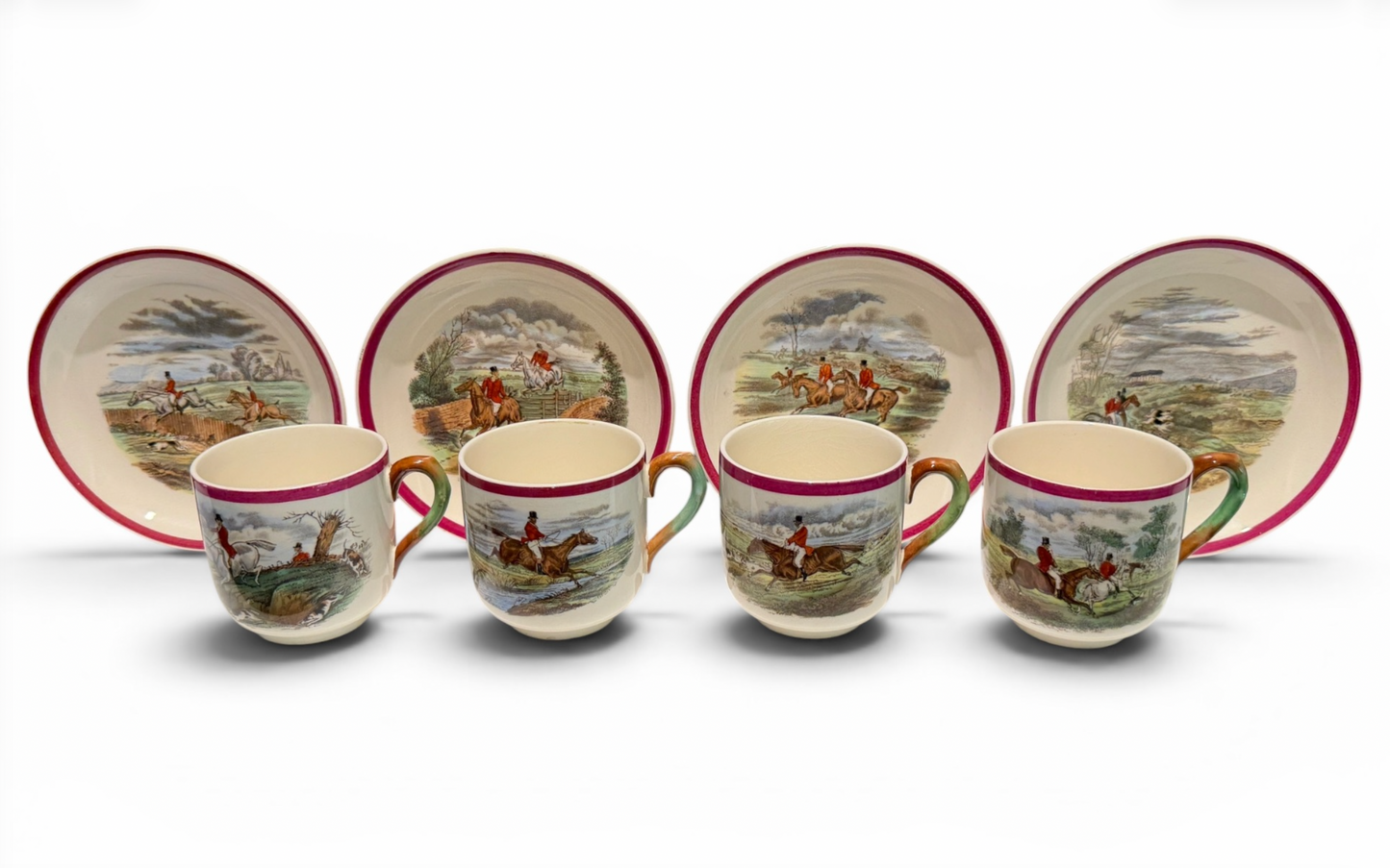 Antique Copeland Spode Herring's Hunt Fox Hunt Cups & Saucers - Set of 4