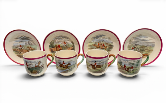Antique Copeland Spode Herring's Hunt Fox Hunt Cups & Saucers - Set of 4