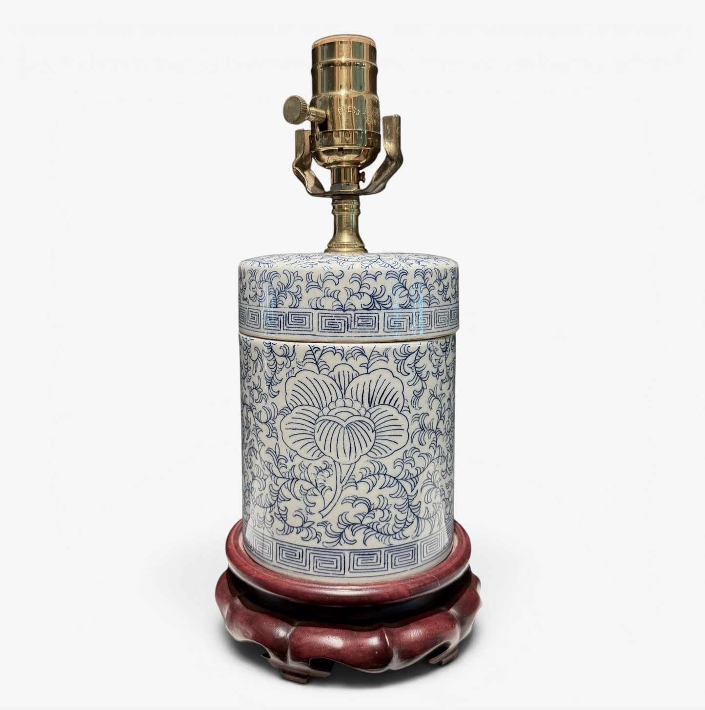Antique Blue & White Chinoiserie Porcelain Table Lamp on Carved Wood Base