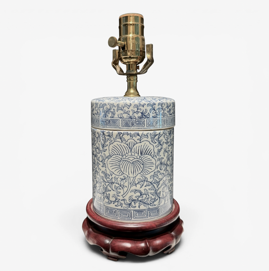 Antique Blue & White Chinoiserie Porcelain Table Lamp on Carved Wood Base