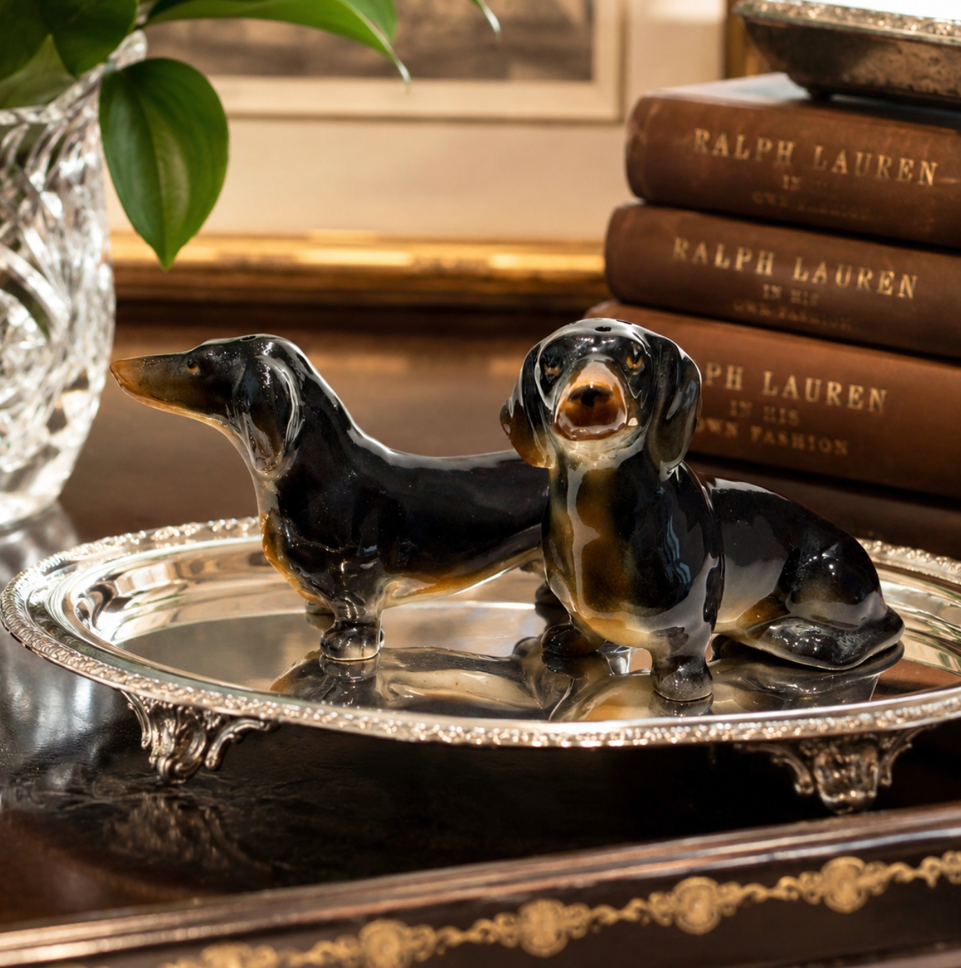 Vintage Porcelain Black & Tan Dachshund Salt & Pepper Shakers - Pair