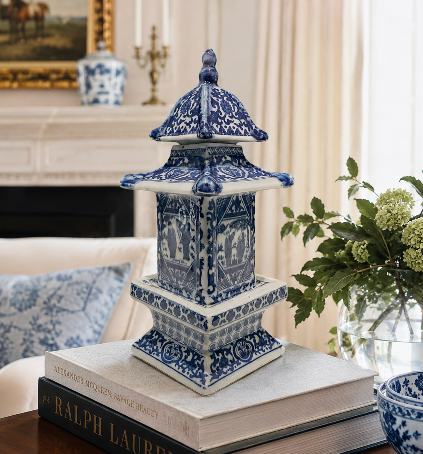 Vintage Chinese Blue & White Porcelain Pagoda Lidded Jar with Qianlong Mark