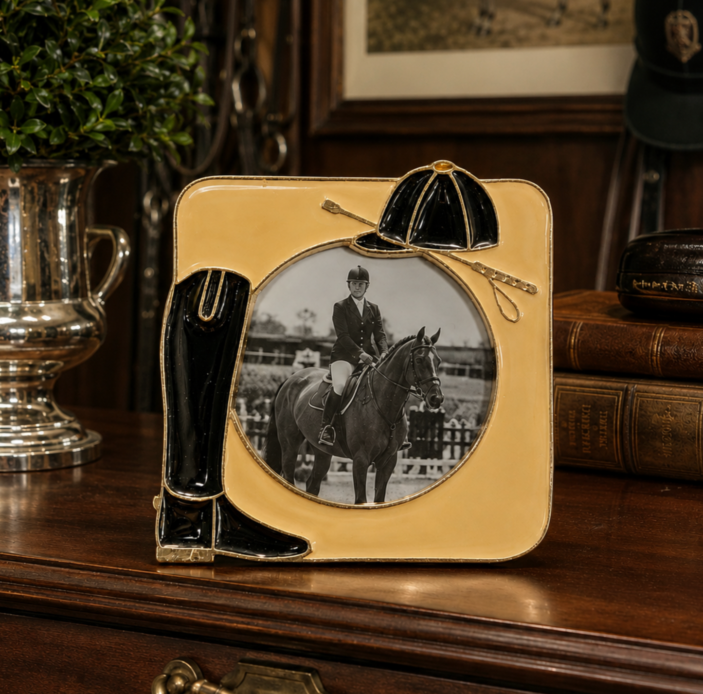 Vintage Equestrian Enamel Metal Picture Frame with Riding Boot & Hunt Cap