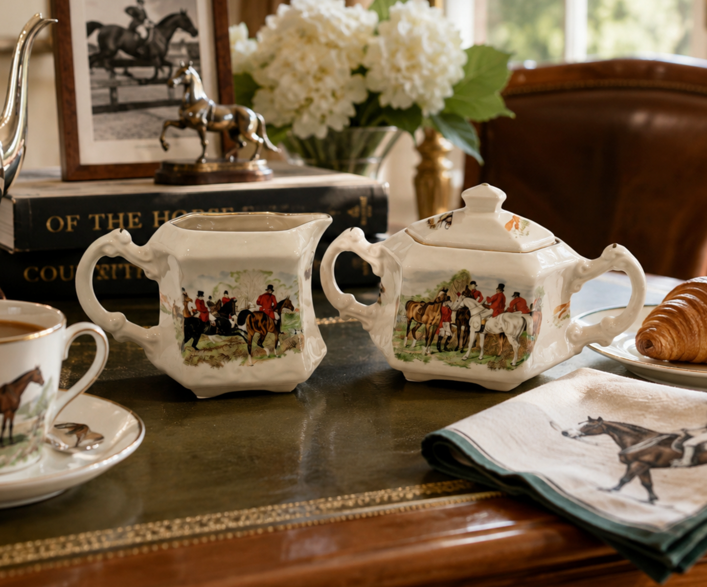 Vintage Crownford English Fox Hunt Porcelain Sugar Bowl & Creamer Set