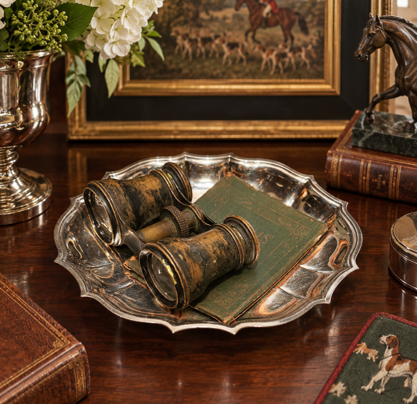 Antique Library Vignette Set with Silver Tray, Brass Field Binoculars & Book of Poetry