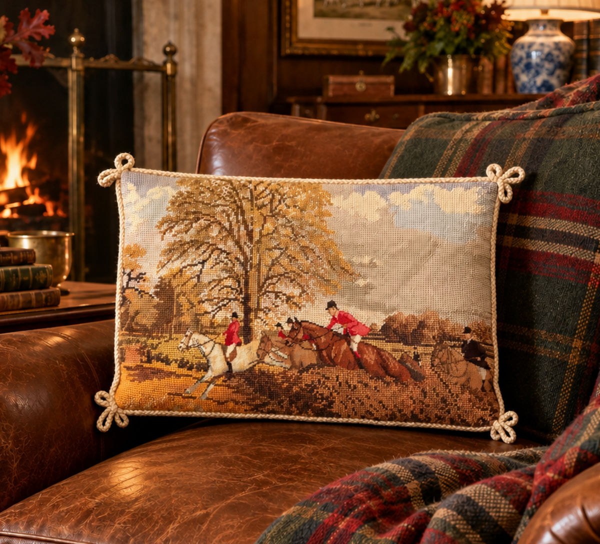 Vintage English Fox Hunting Needlepoint Pillow Cover