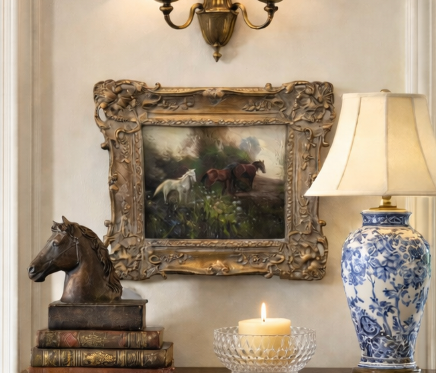 Vintage Horse Oil Painting – Equestrian Landscape in Gilt Frame