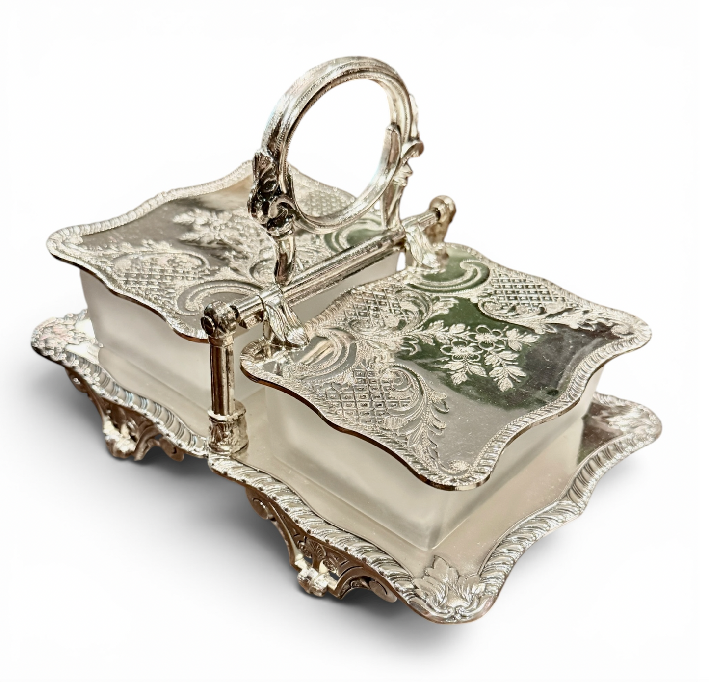 Antique Silver Double Preserve Server with Glass Inserts