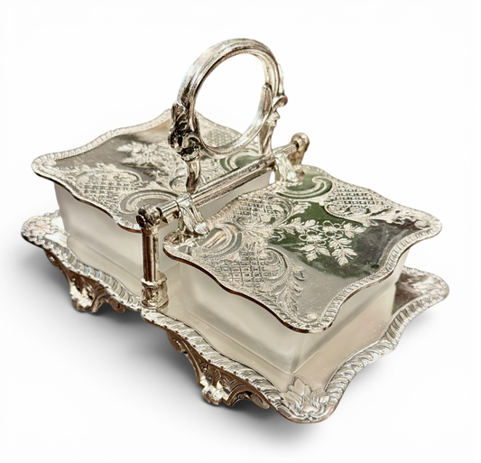 Antique Silver Double Preserve Server with Glass Inserts