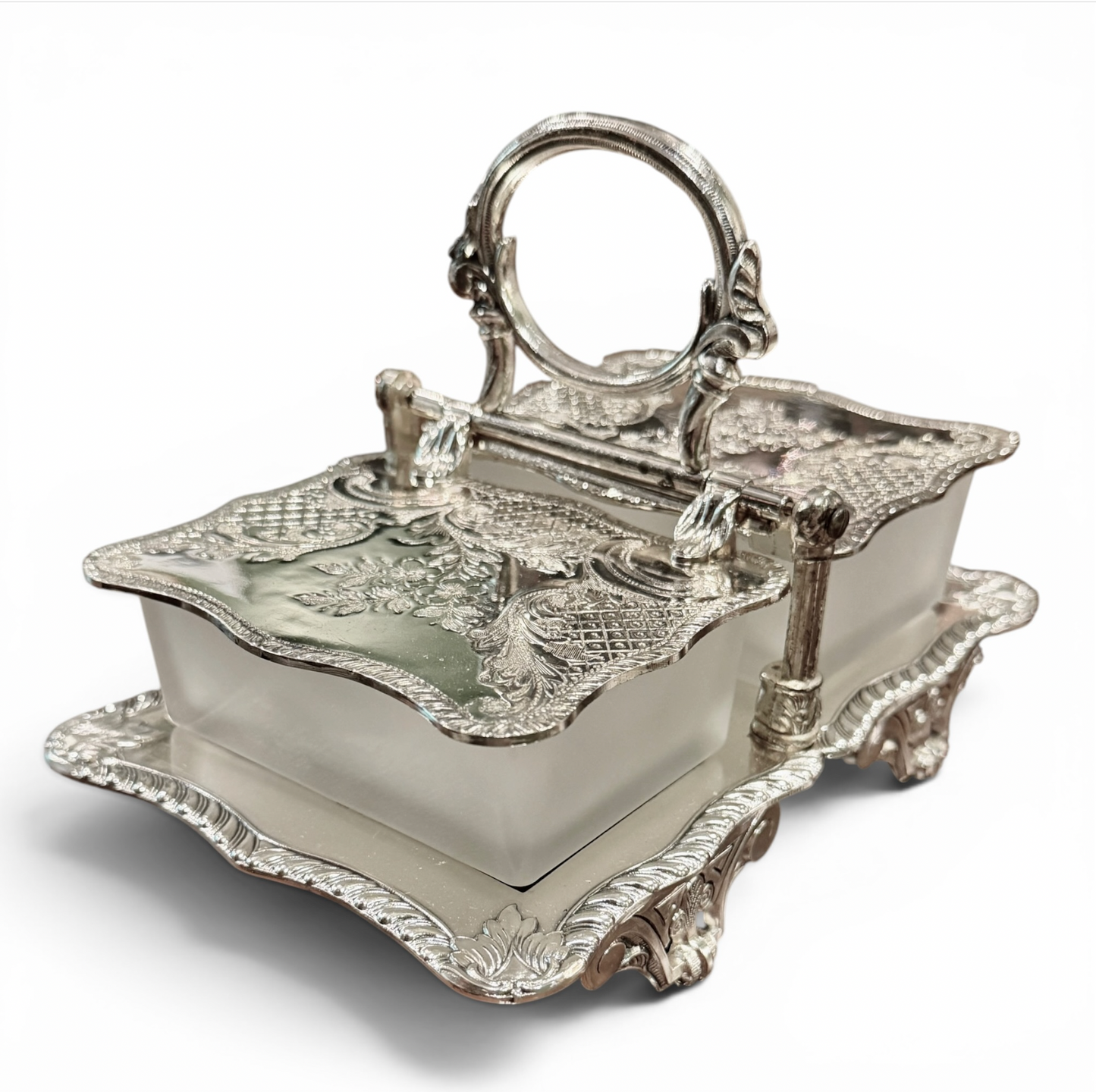 Antique Silver Double Preserve Server with Glass Inserts
