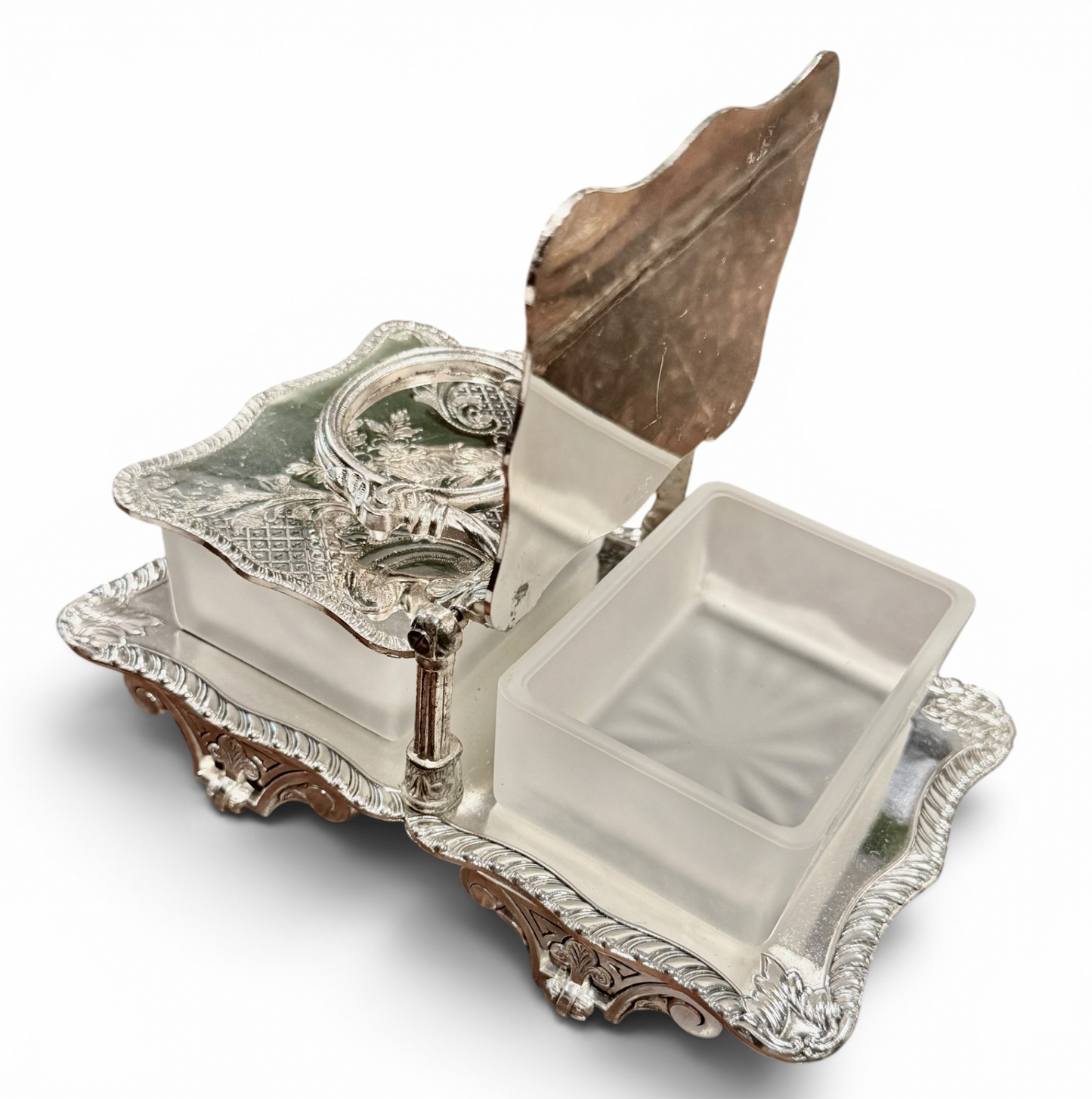 Antique Silver Double Preserve Server with Glass Inserts