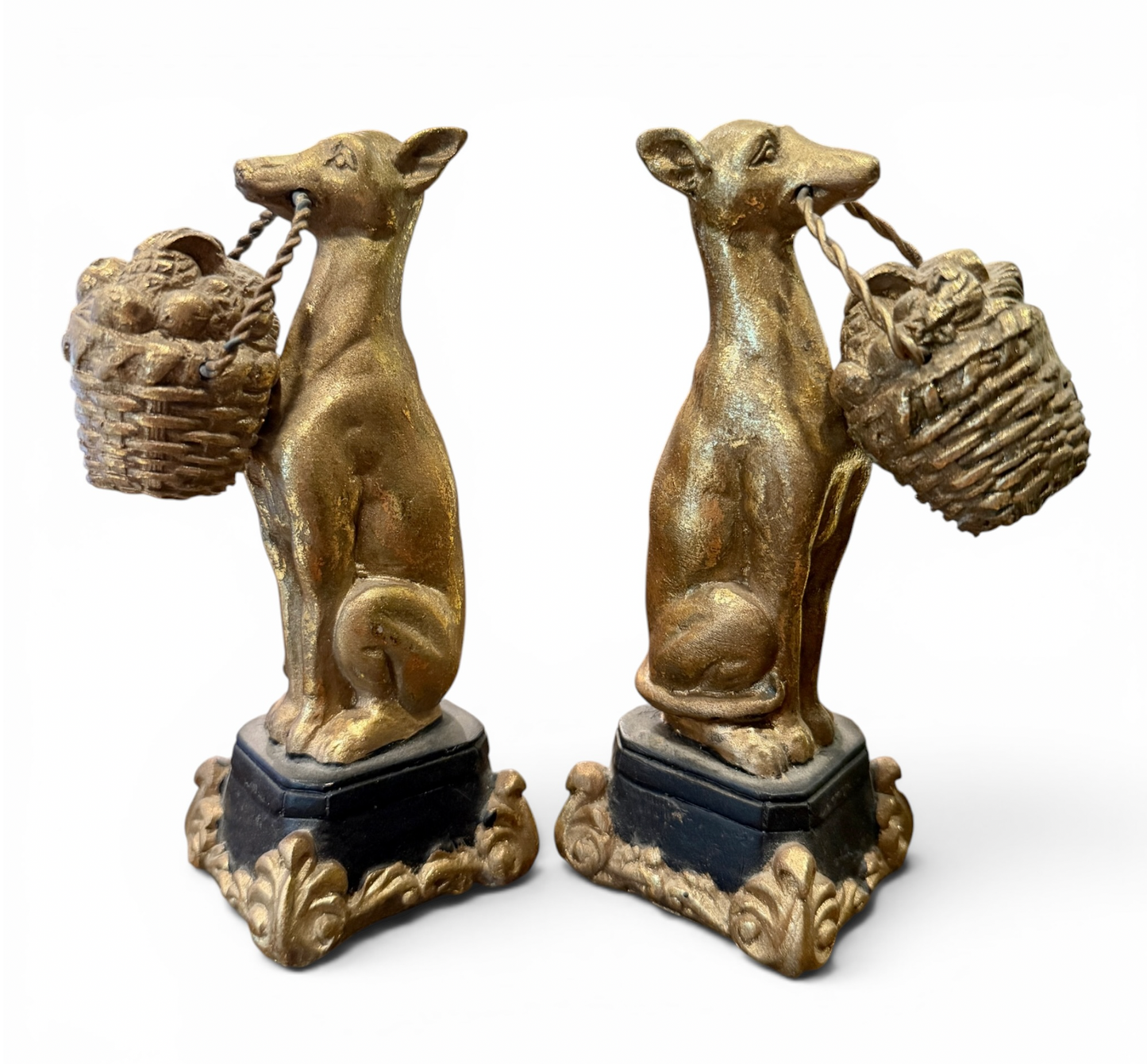 Pair of Antique Gilt Hounds with Basket Figural Objets d'Art