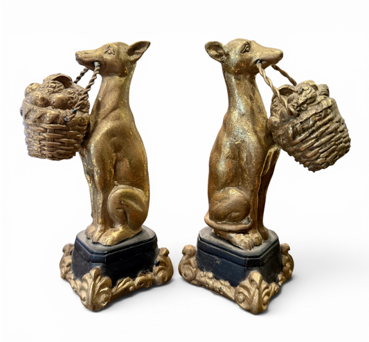 Pair of Antique Gilt Hounds with Basket Figural Objets d'Art