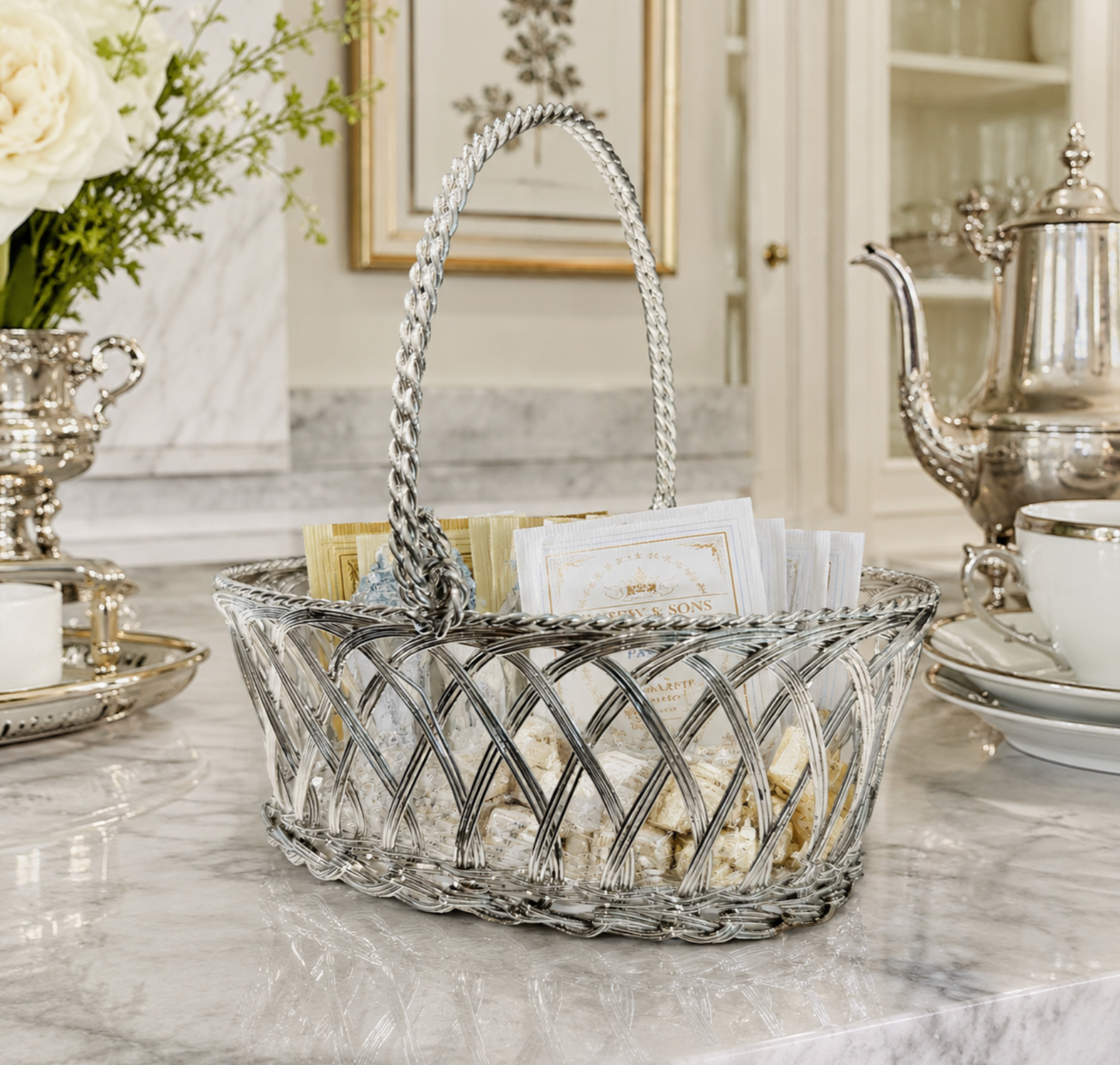 Vintage Silver Woven Wire Sweetmeat / Bonbon Basket