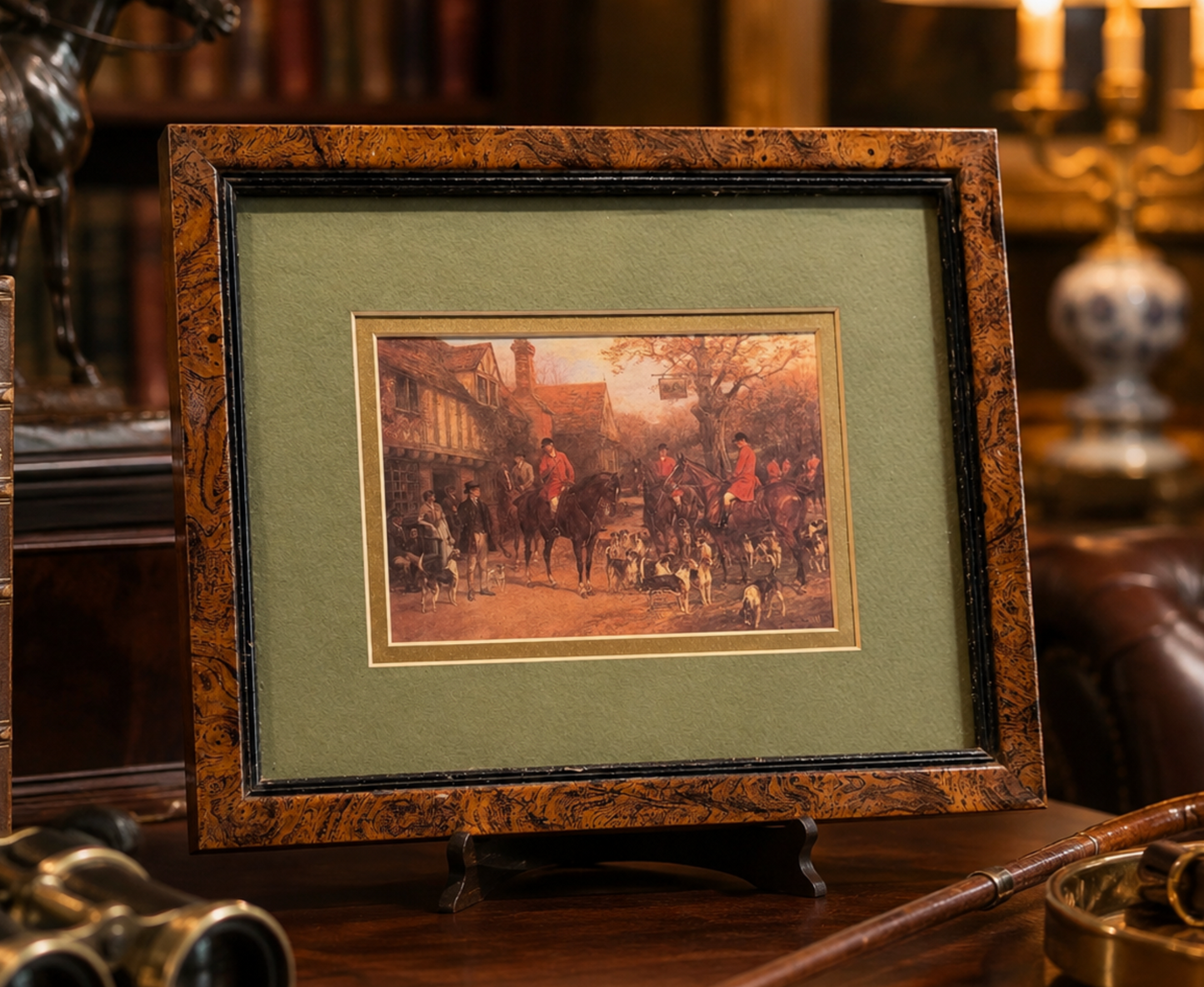 Vintage English Fox Hunt Print in Burled Wood Frame