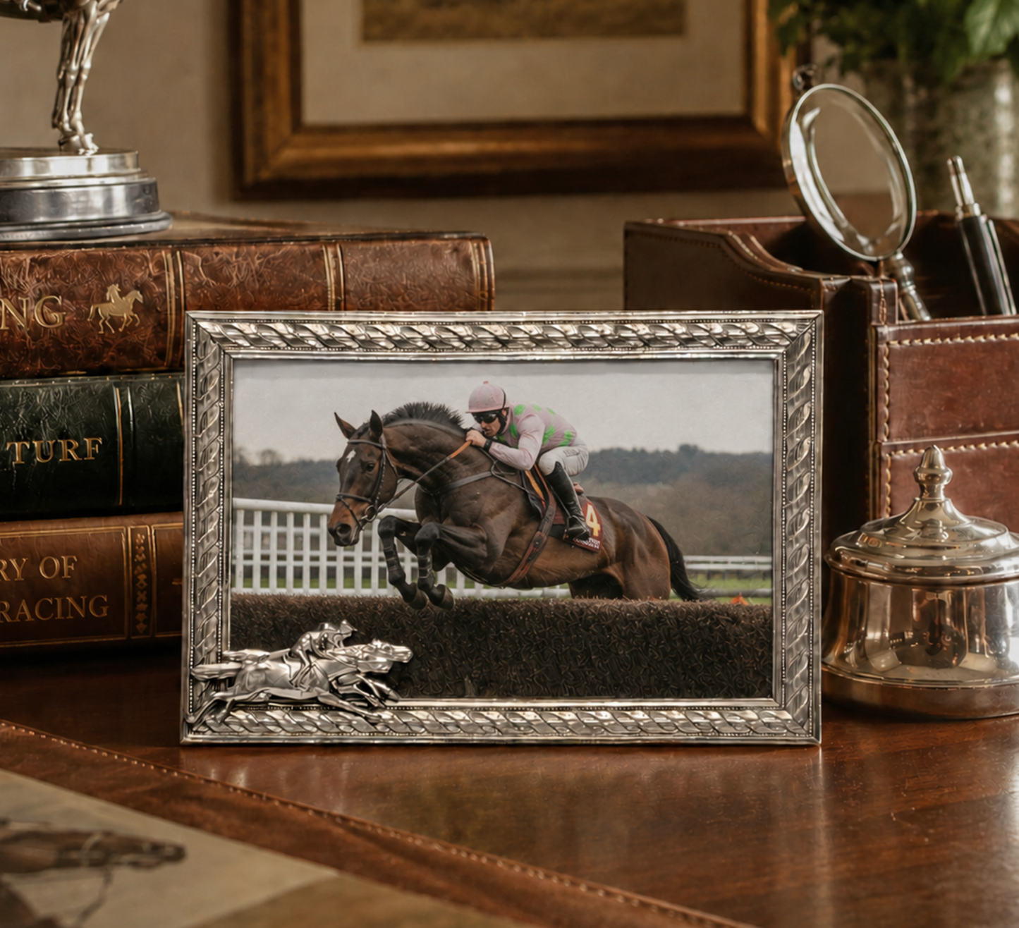 Vintage Elias Sterling Pewter Horse Racing Frame