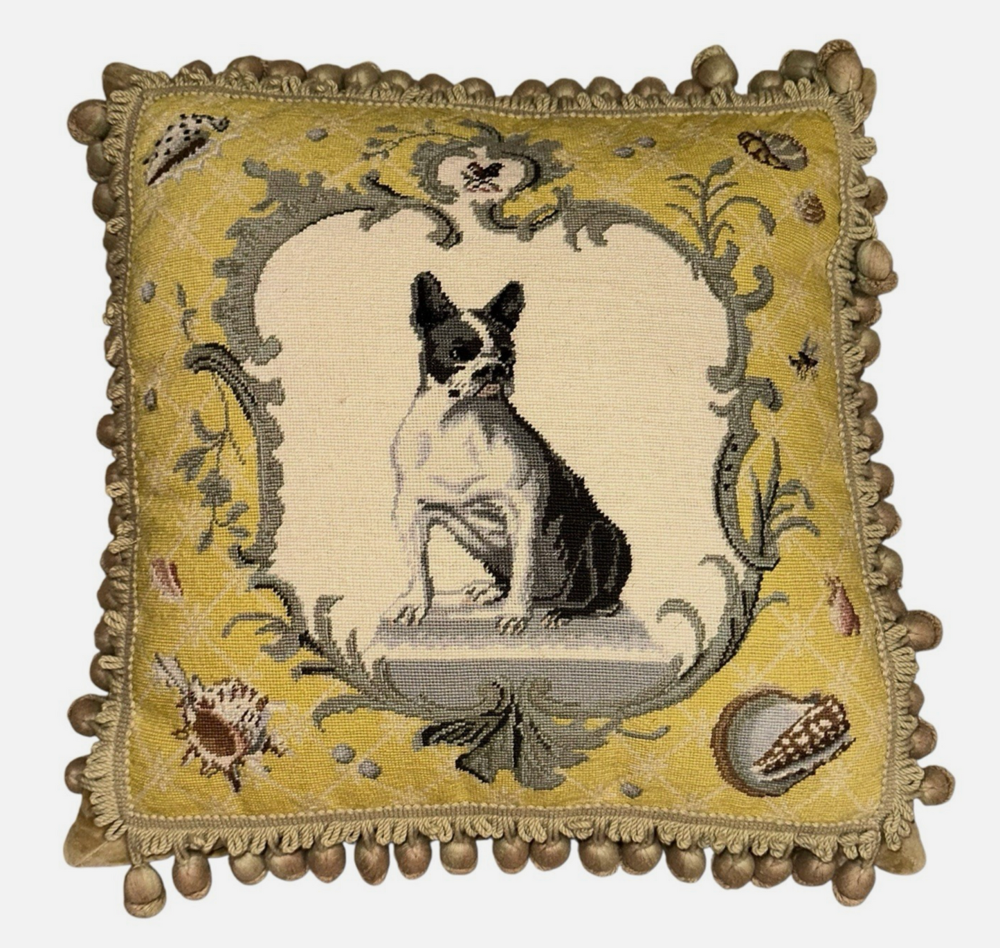 Vintage Aubusson Boston Terrier Needlepoint Pillow with Down Fill