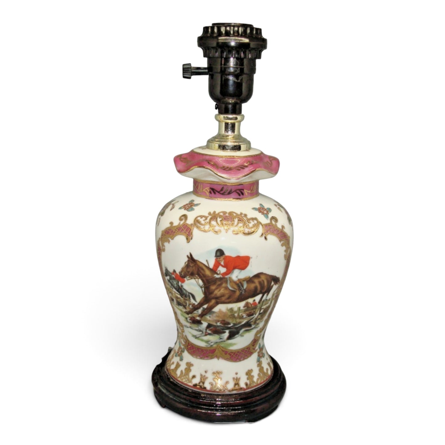 Vintage Hand-Painted Porcelain Fox Hunt Equestrian Table Lamp