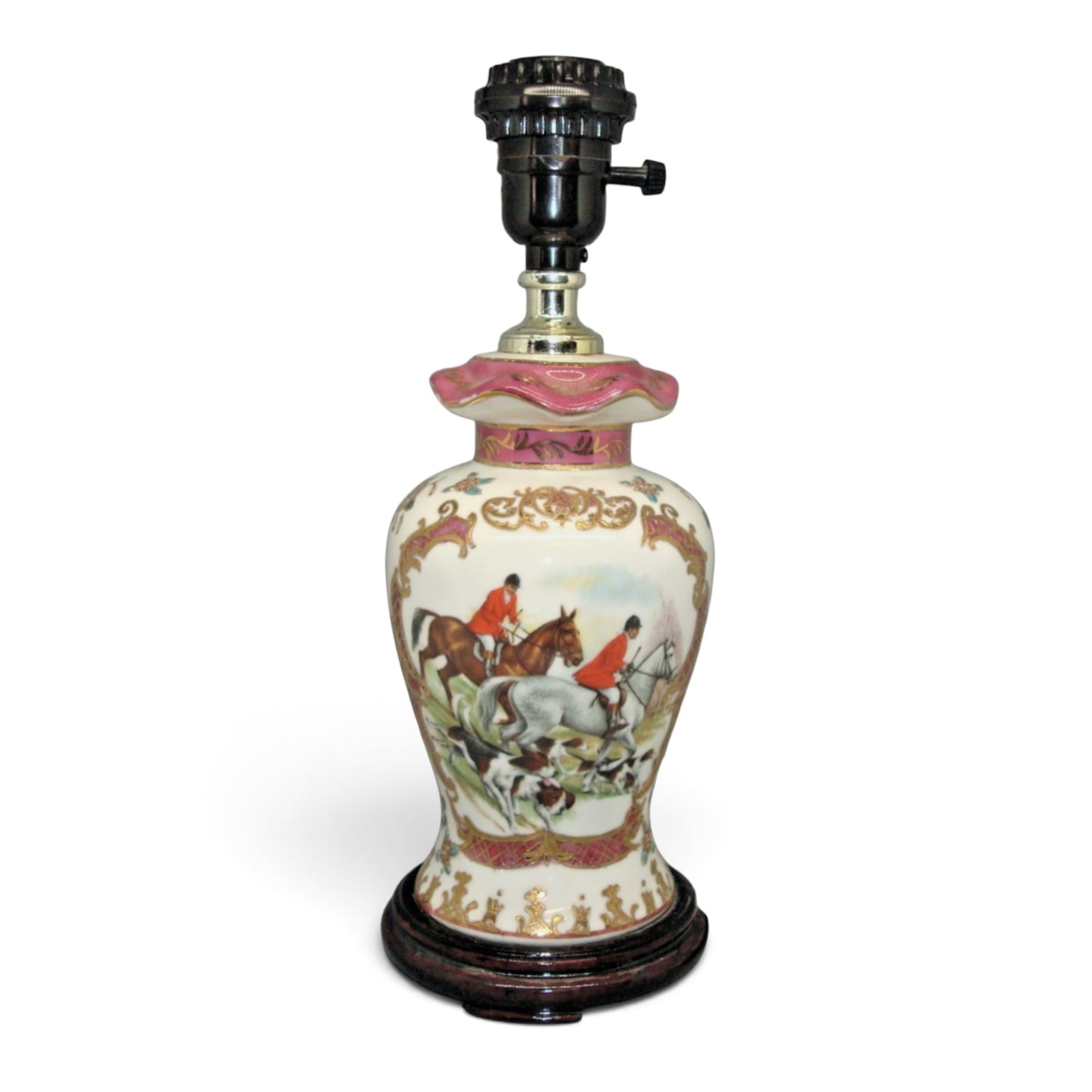 Vintage Hand-Painted Porcelain Fox Hunt Equestrian Table Lamp
