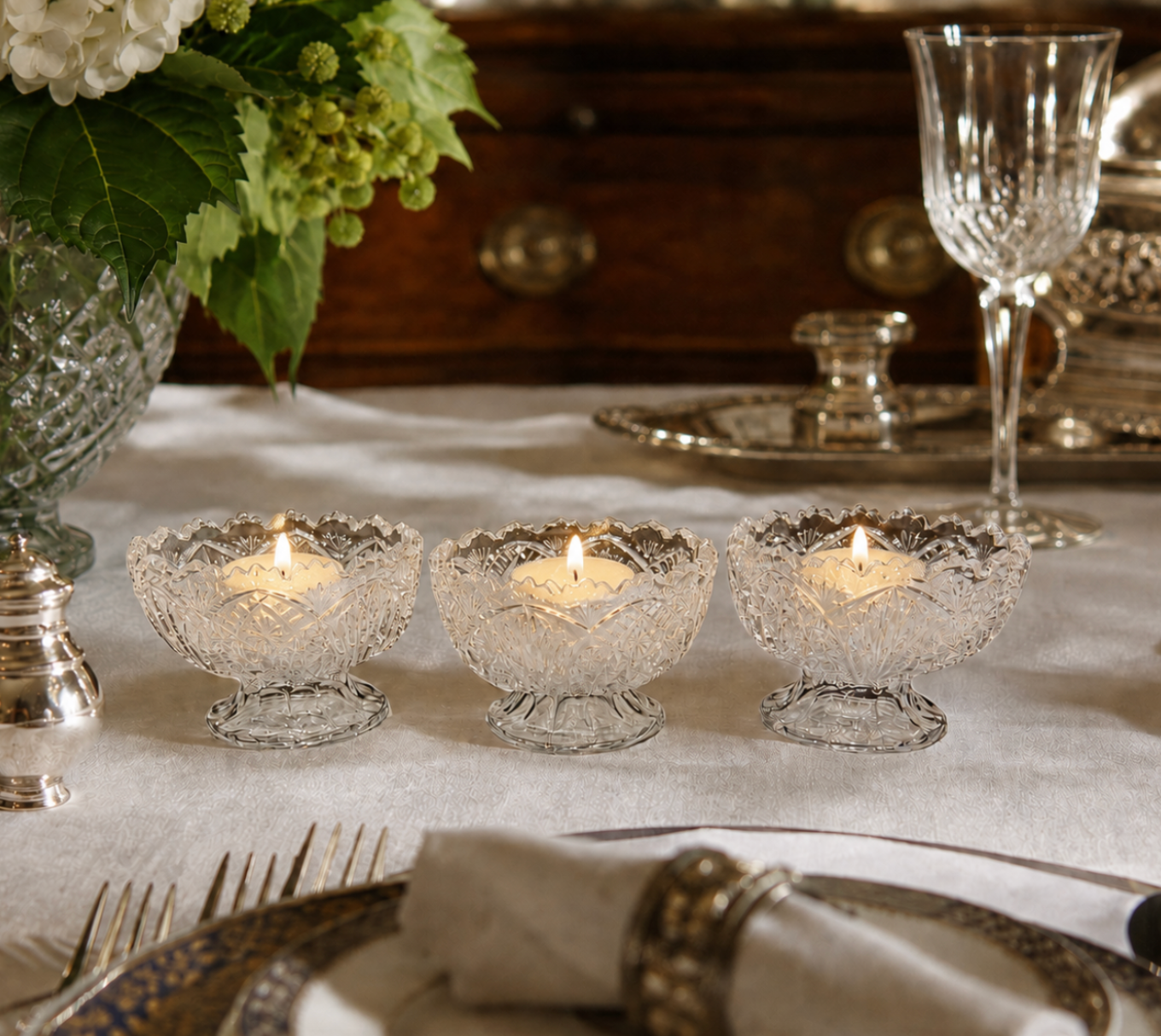 Antique Uranium Glass Footed Open Salt Cellars, Set of 3