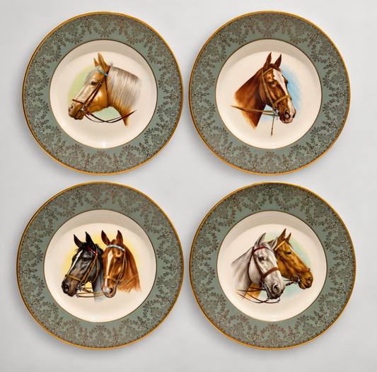 Vintage Crown Ducal English Equestrian Horse Portrait Plates — Set of Four