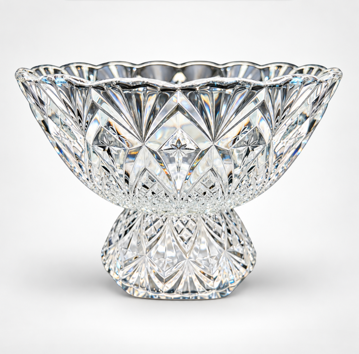 Vintage Pressed Glass Pedestal Bowl with Starburst & Diamond Pattern