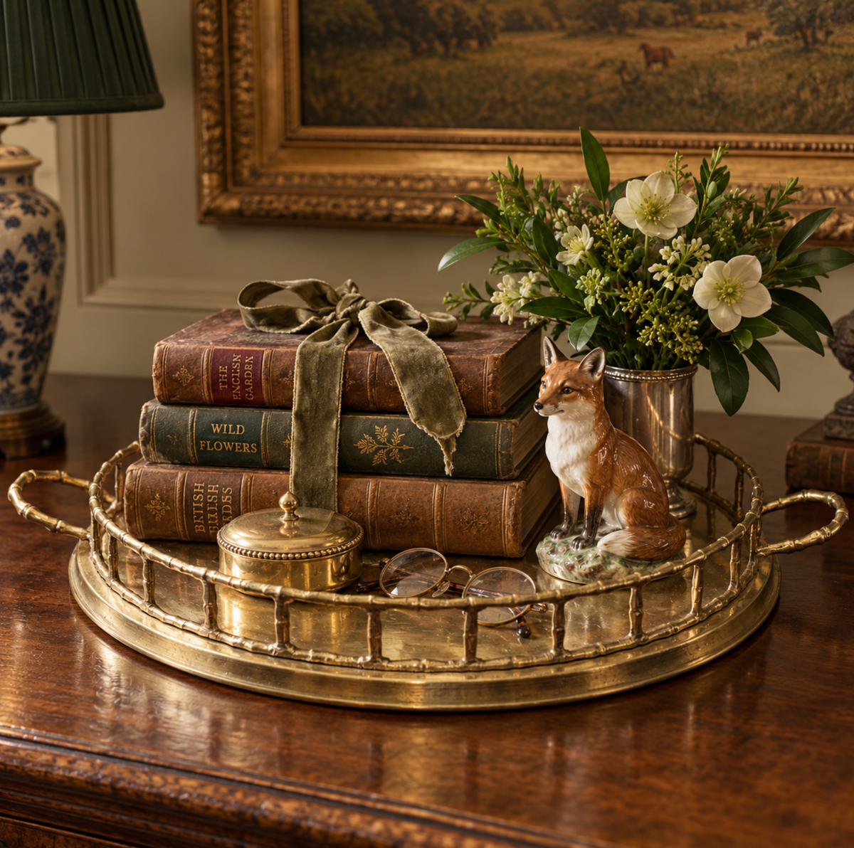 Vintage Brass Hollywood Regency Bamboo Gallery Tray with Handles