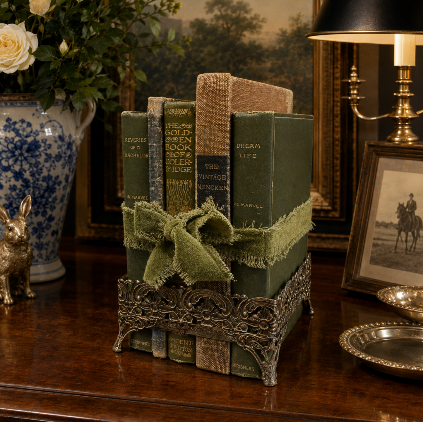 Antique & Vintage Book Vignette with Ornate Brass Holder - Set of 5