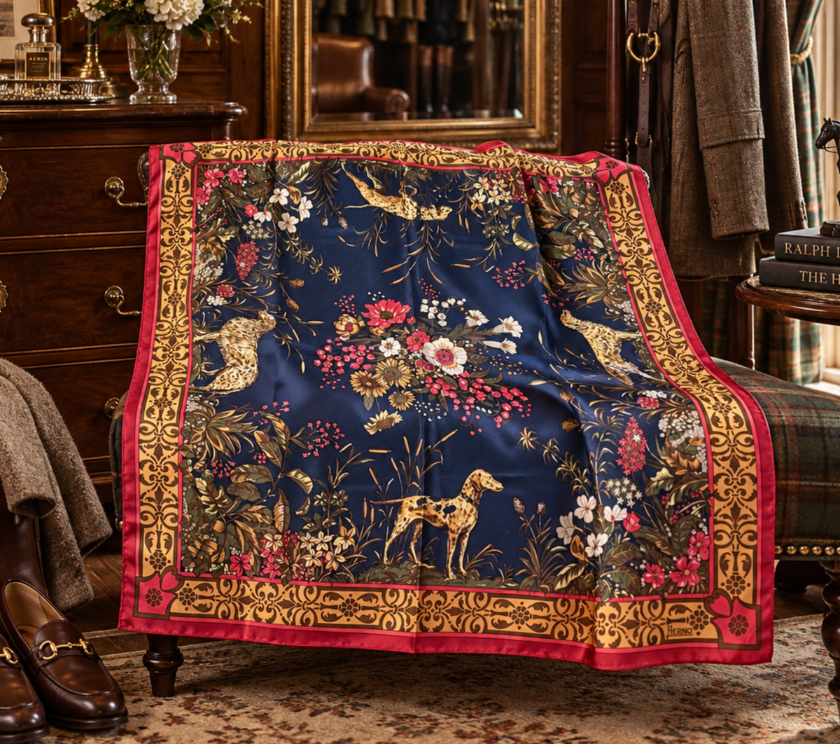 A luxury silk scarf draped over an armchair in a classic, elegant room. The scarf features a dark navy blue background with an intricate gold pattern of hounds, peacocks, and foliage, accented with a vibrant red border.