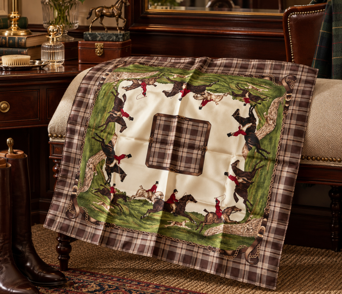 A square silk scarf with a classic hunting scene print, draped over a dark wooden armchair in a classic room setting. The scarf features a brown and beige plaid border, a green landscape with fox hunting figures, and a central cream-colored square with a brown plaid border.