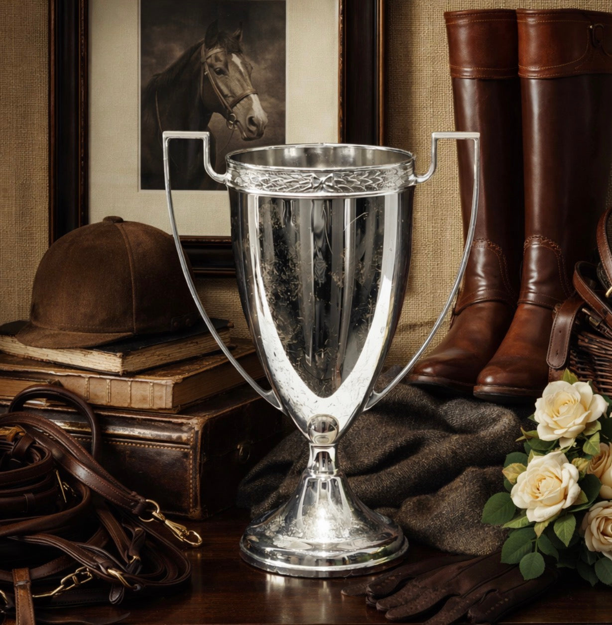 Silver trophy cup with equestrian-themed items including boots, a hat, and flowers.