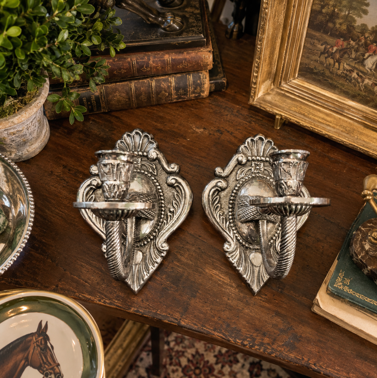 Vintage Silver Rococo Wall Candle Sconces - Pair