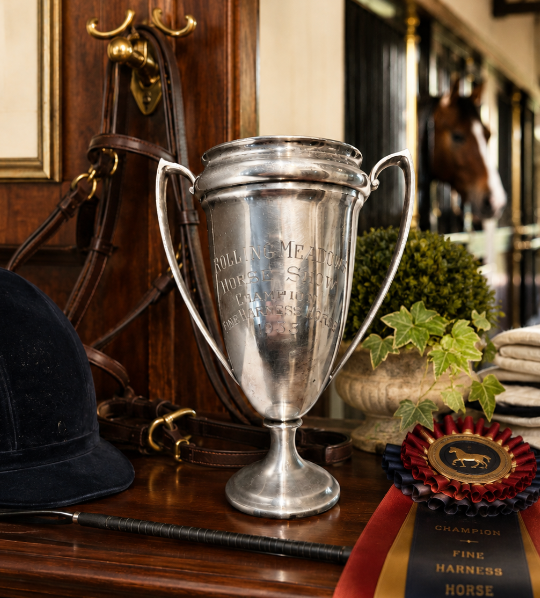 A silver metal horse cup trophy with engraved text, displayed on a wooden table in an equestrian setting with a dark navy riding helmet, leather bridle, and a championship ribbon.